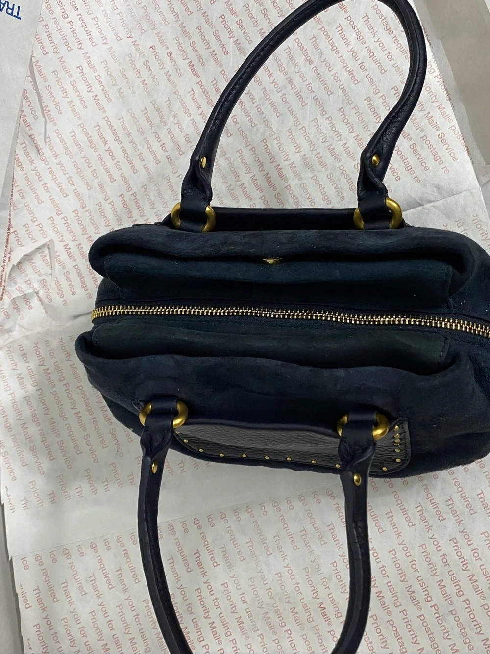 Cole Haan Suede and Leather Exterior Satchel Handbag with Gold Hardware. New